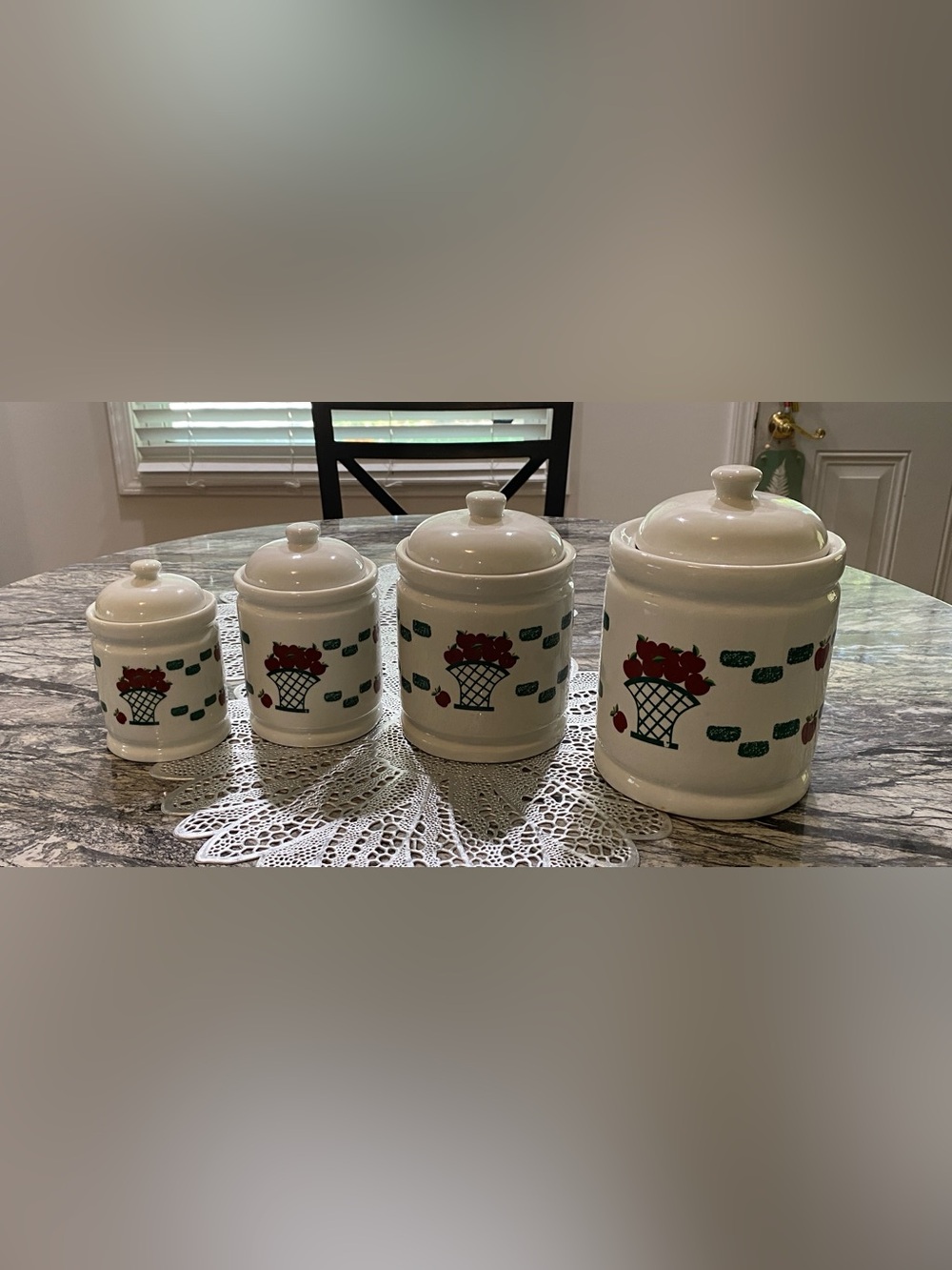 White Ceramic Kitchen Canister Set with Red Apple Basket Design - 4-Piece